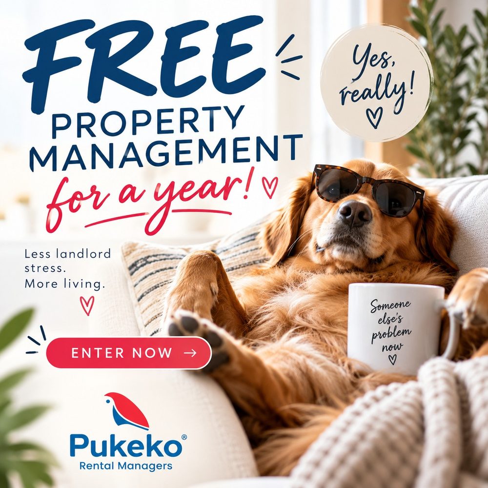 Competition graphic: a golden retriever in sunglasses lounging on a couch with a mug that says Someone else's problem now, under the words Free property management for a year - yes, really.
